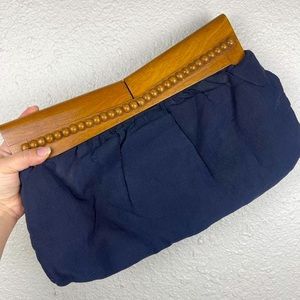 Vintage 70's Wooden Handle Ribbed Navy Blue Clutch